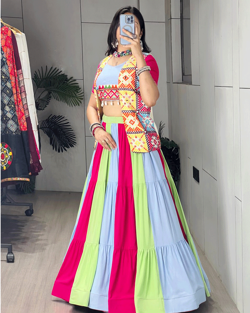 Vibrant Multi Color Kali Frilled Navratri Lehenga Choli