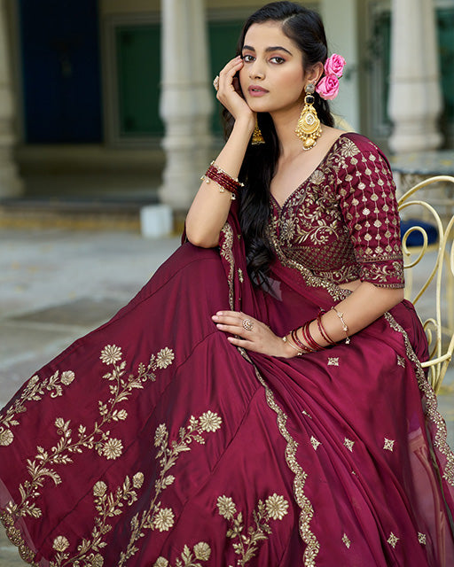 Dark Maroon Color Rangoli Silk Embroidered Lehenga Choli