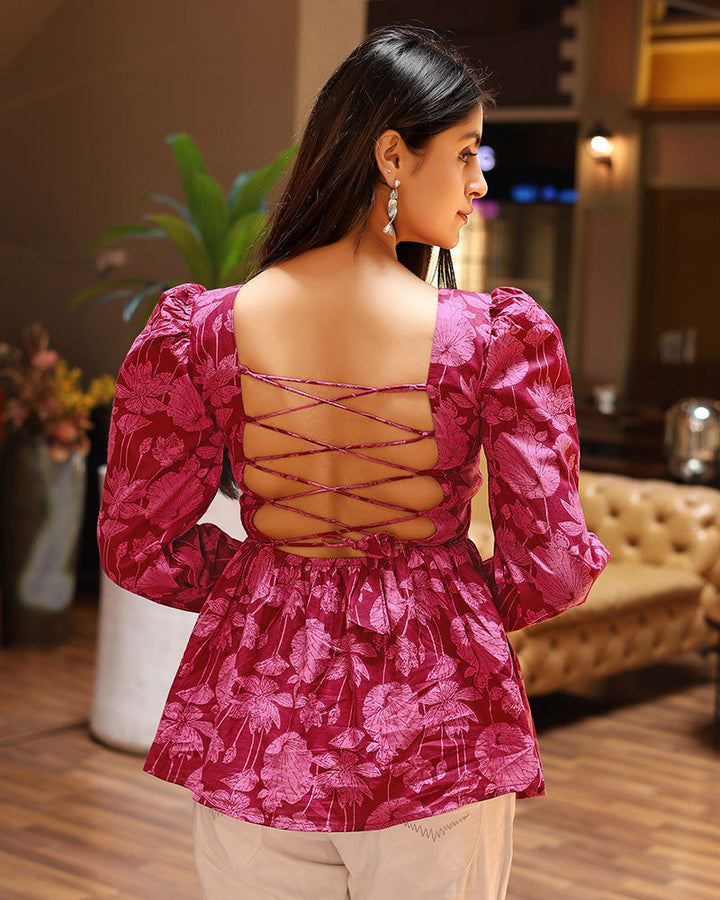 Rani Pink Color Pure Cotton Floral Printed Tunic