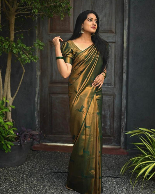 Beautiful Mehandi Color Soft Lichi Silk Saree