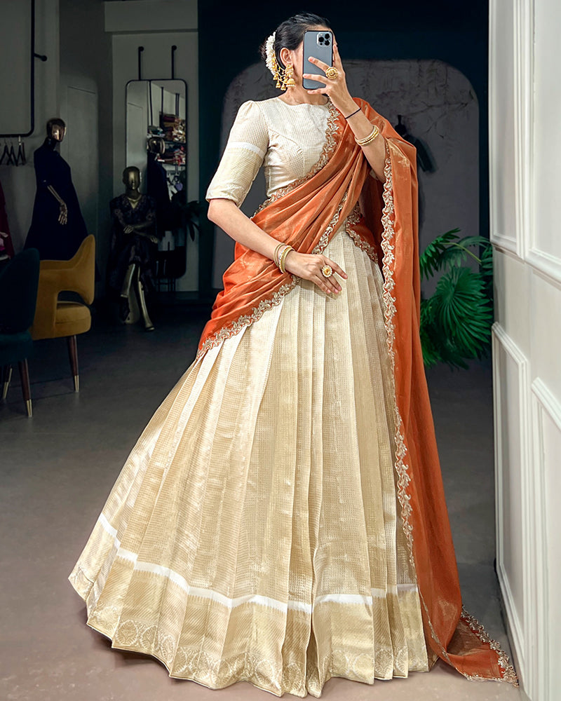 Orange Color Jacquard Chex Half Saree