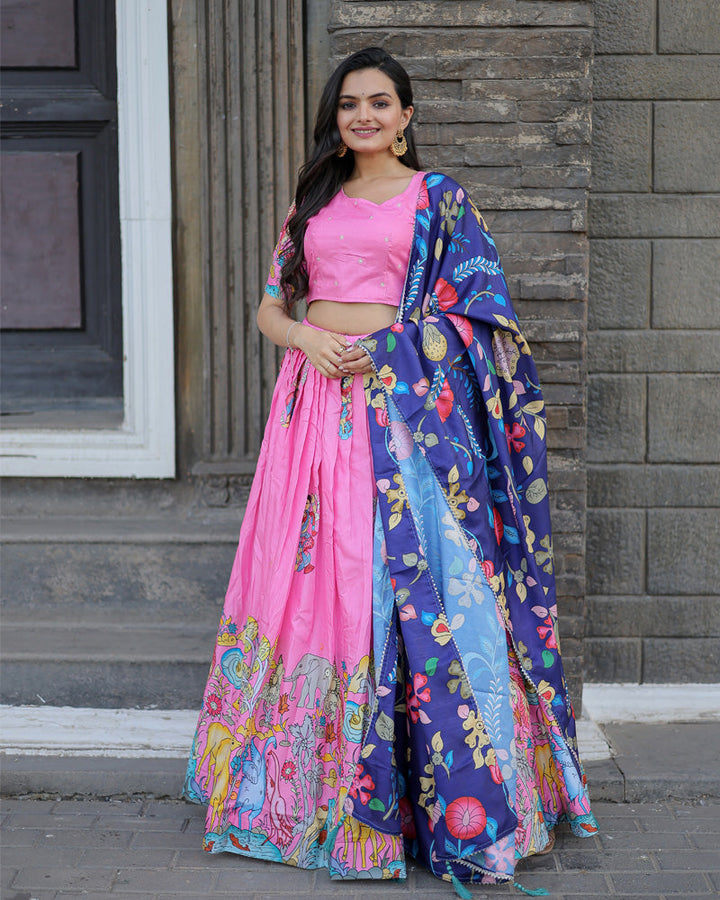 Pink And Blue Color Designer Printed Lehenga Choli