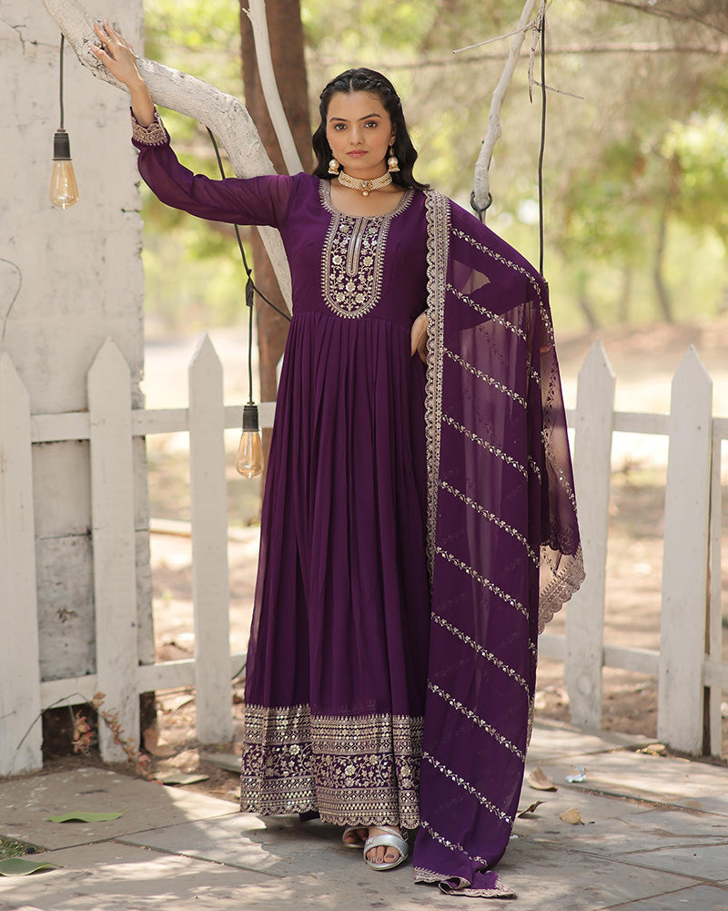 Purple Color Faux Blooming Rich Sequence Embroidered Gown