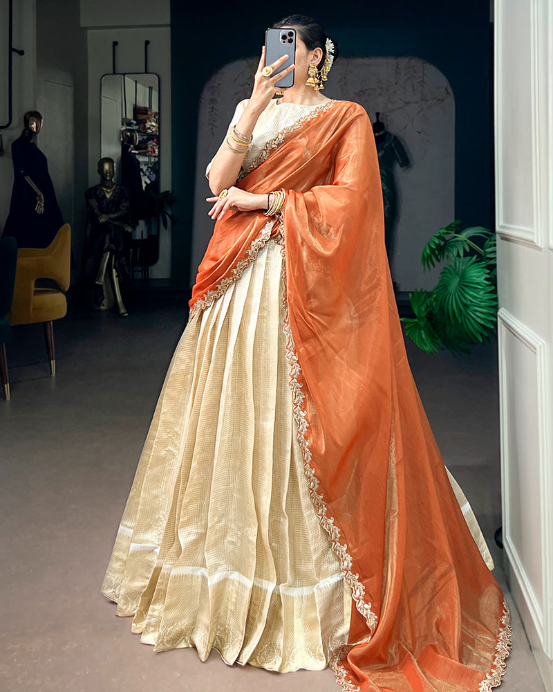 Orange Color Jacquard Chex Half Saree
