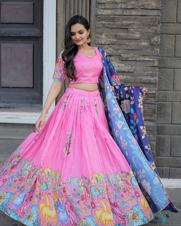 Pink And Blue Color Designer Printed Lehenga Choli