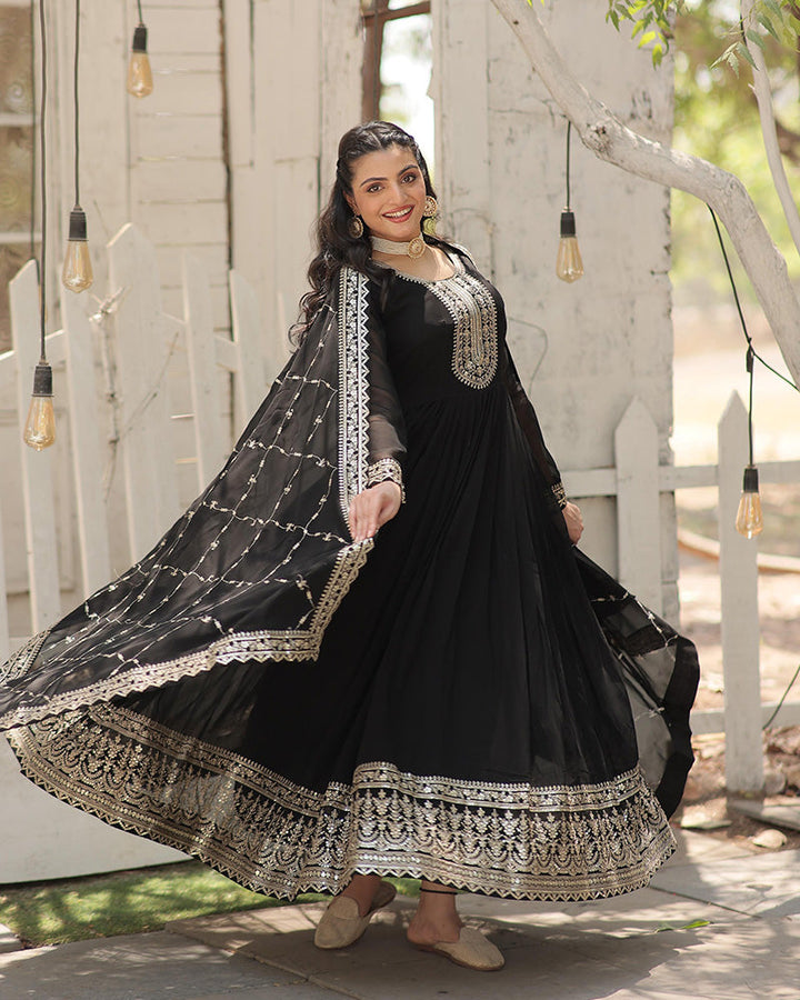 Black Color Faux Blooming Rich Sequence Embroidered Gown