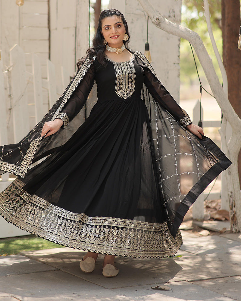 Black Color Faux Blooming Rich Sequence Embroidered Gown