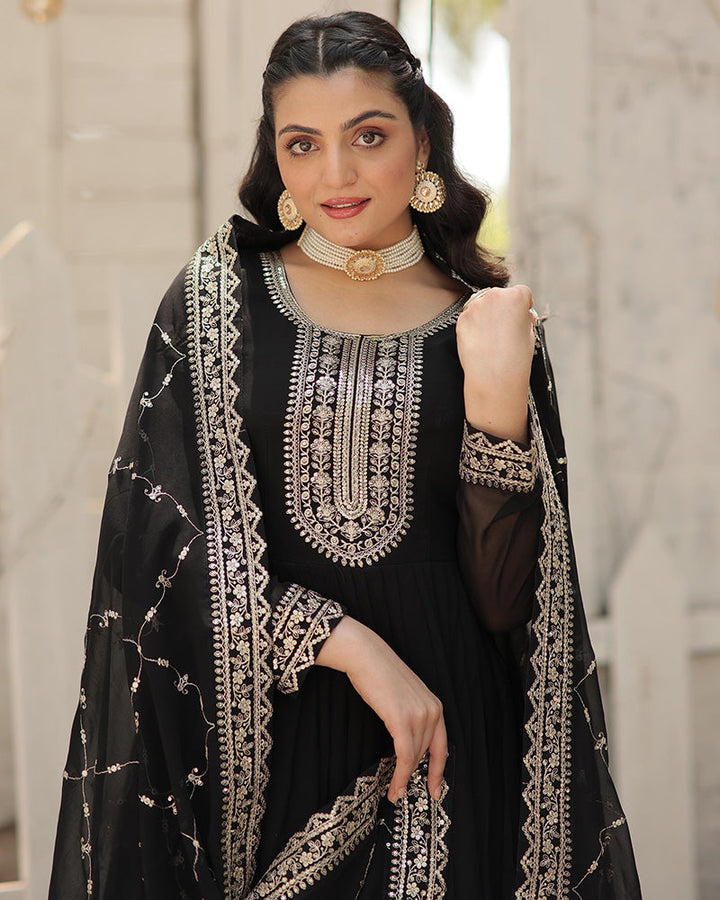Black Color Faux Blooming Rich Sequence Embroidered Gown