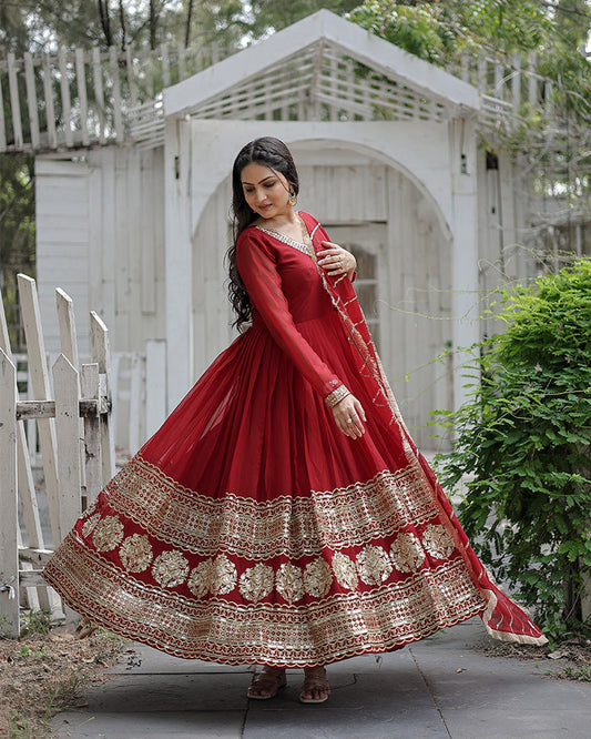 Maroon Color Designer Fully Stitched Anarkali Gown
