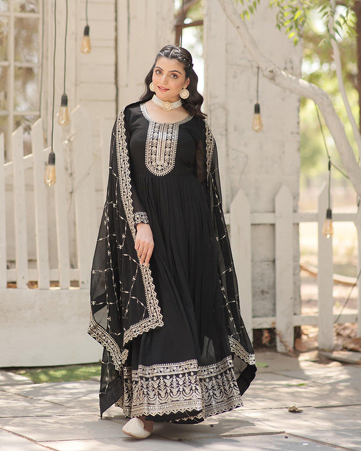 Black Color Faux Blooming Rich Sequence Embroidered Gown