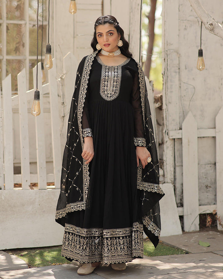 Black Color Faux Blooming Rich Sequence Embroidered Gown