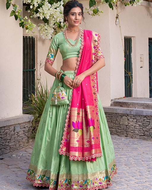 Pista Color Jacquard Silk Designer Lehenga Choli