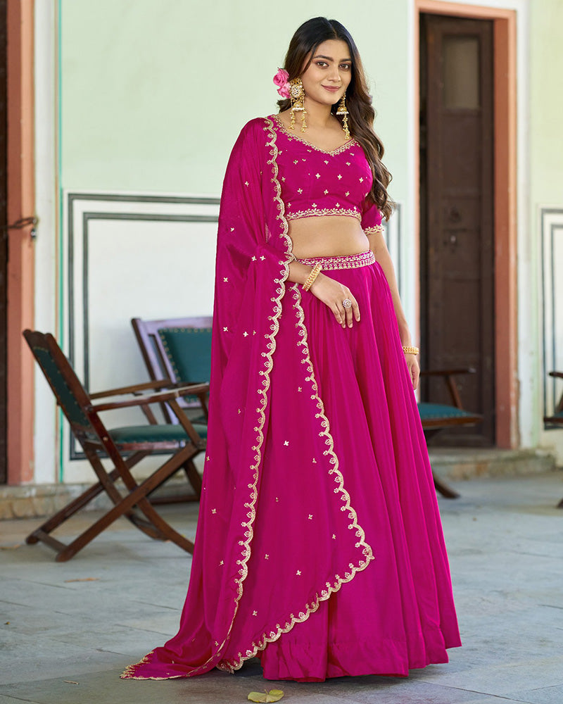 Designer Rani Pink Color Chinon Embroidered Lehenga Choli