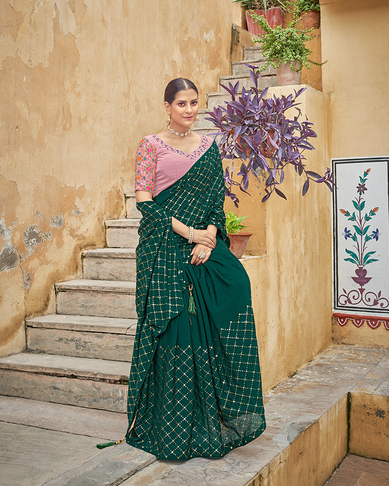 Green Color Chinnon Sequence Saree