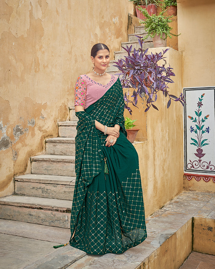 Green Color Chinnon Sequence Saree
