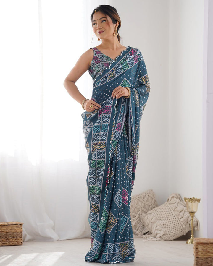 Navy Blue Color Chinnon Silk Printed Saree