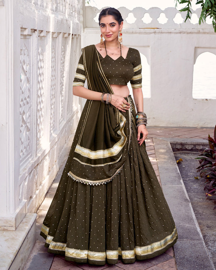 Elegant Mehndi Color Pure Chanderi Full Stitched Lehenga Choli