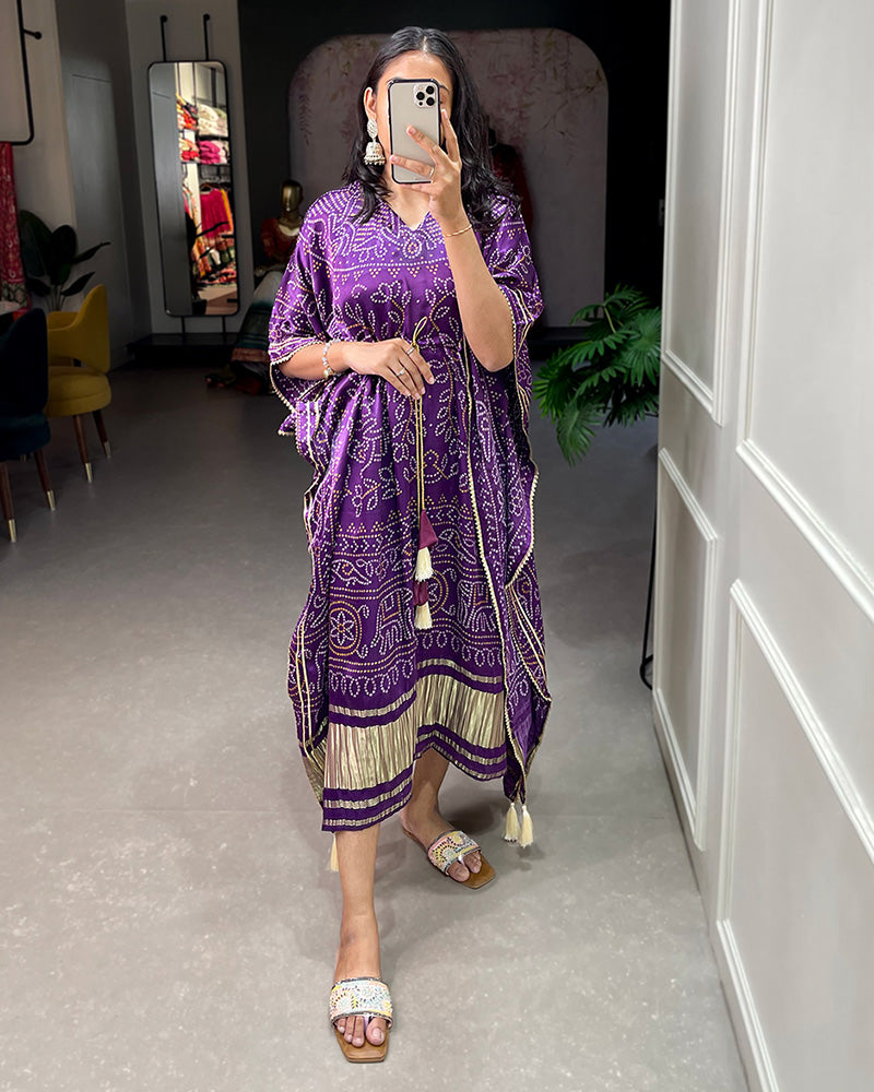 Designer Purple Color Gaji Silk Bandhej Print Kaftan