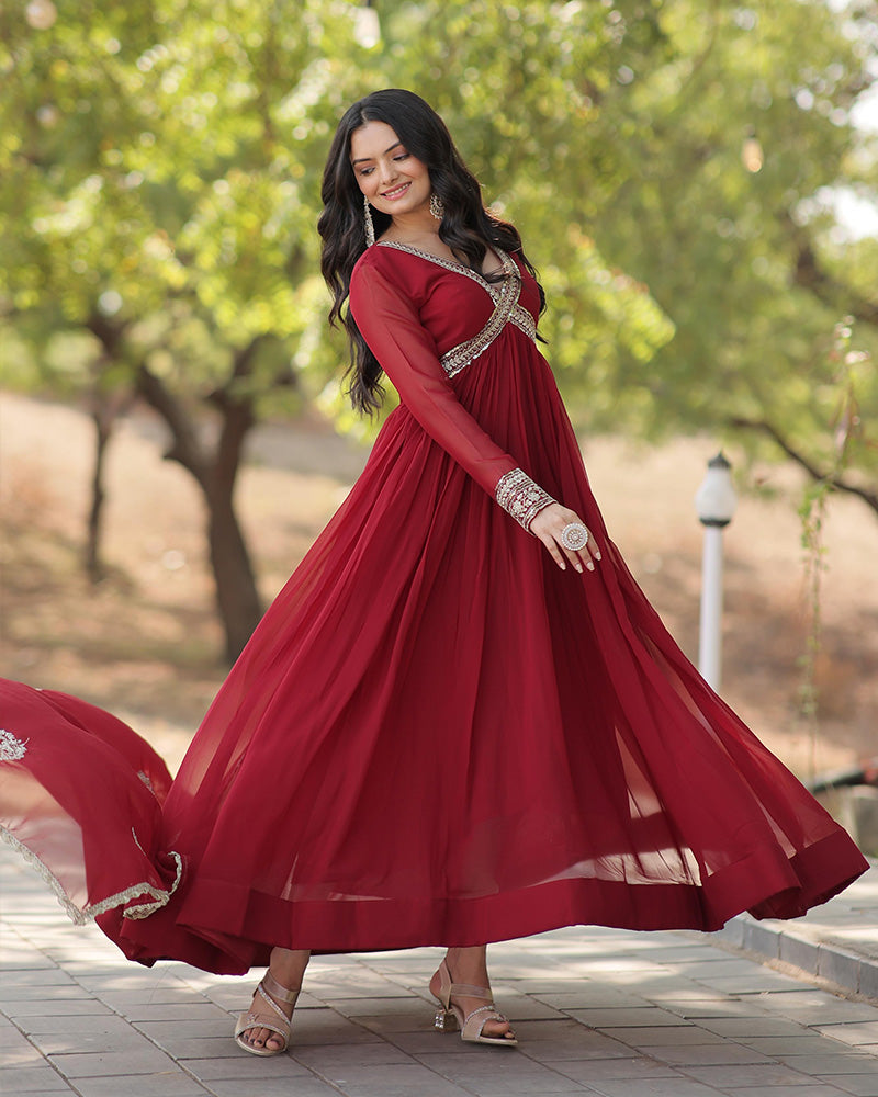 Maroon Color Faux Blooming Embroidered Alia Cut Gown With Dupatta