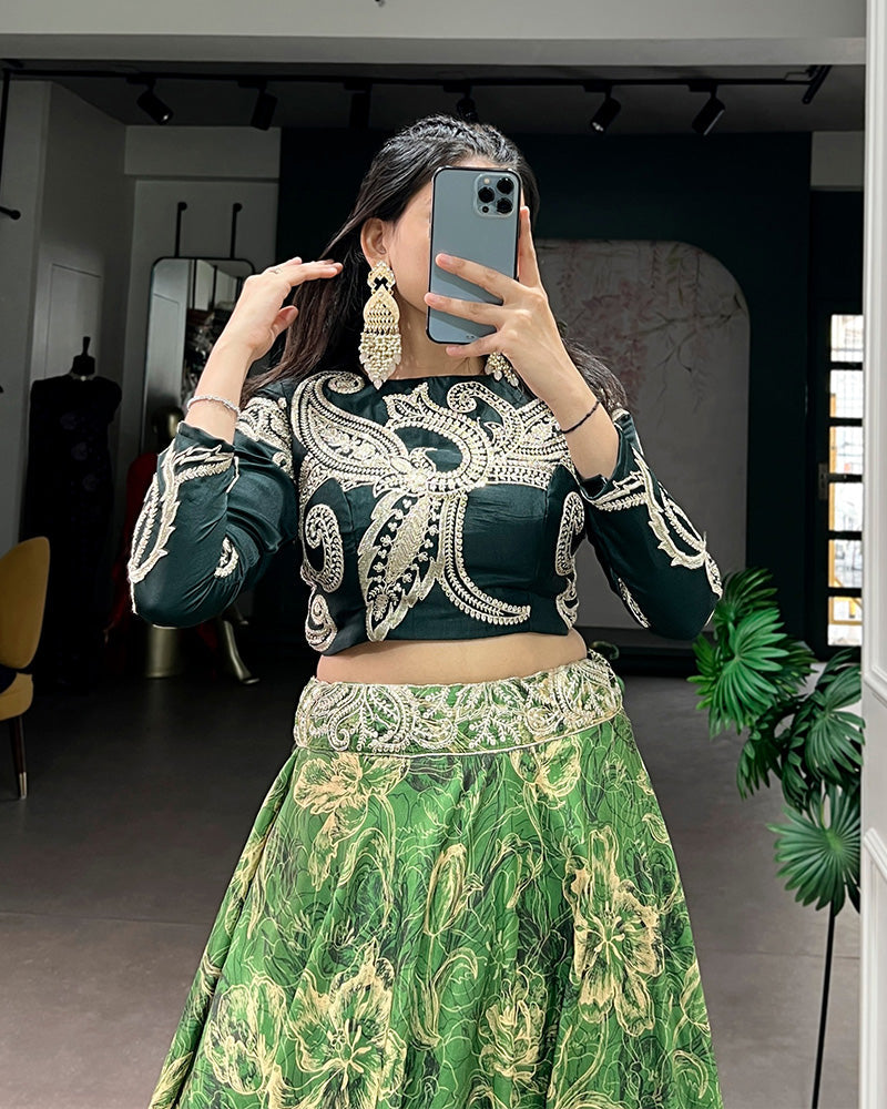 Firozi Green Color Tasar Silk Printed Embroidered Lehenga Choli