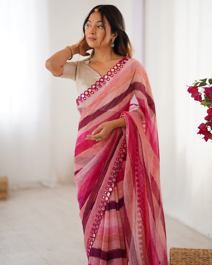 Baby Pink Color Smooth Marble Chiffon Printed Saree