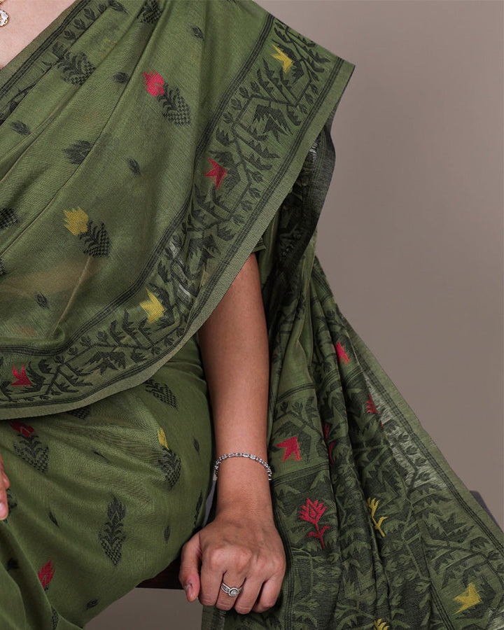 Mehndi Color Thread Weaving Poly Cotton Saree