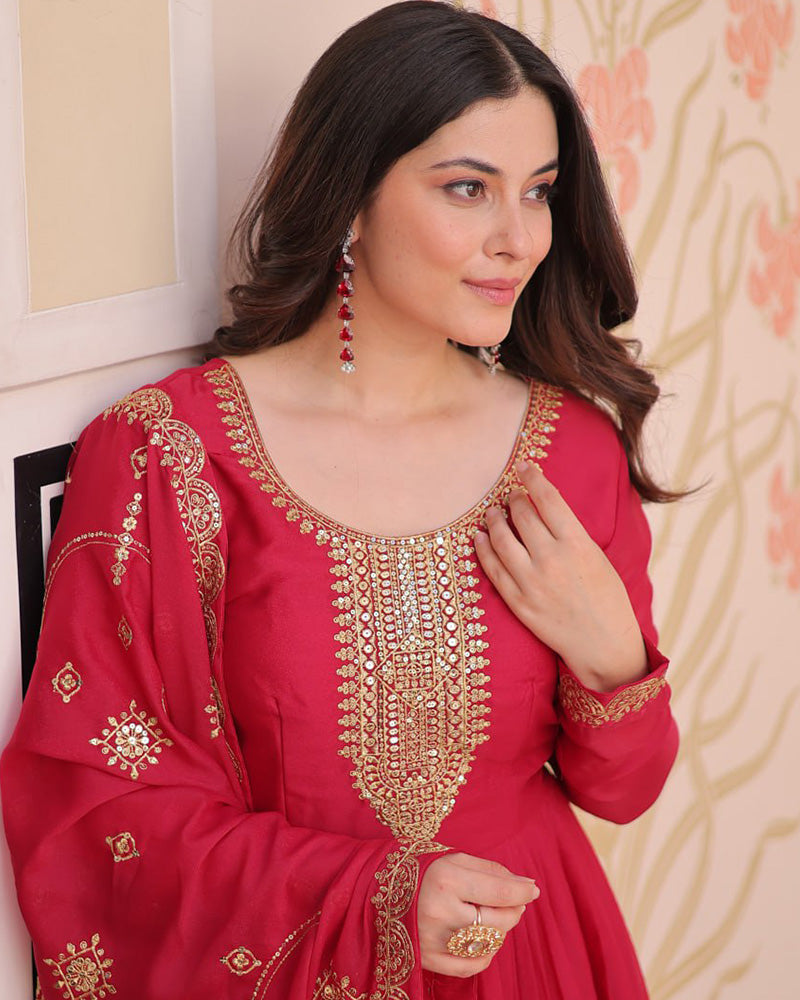 Designer Rani Pink Color Star Georgette Embroidered Gown