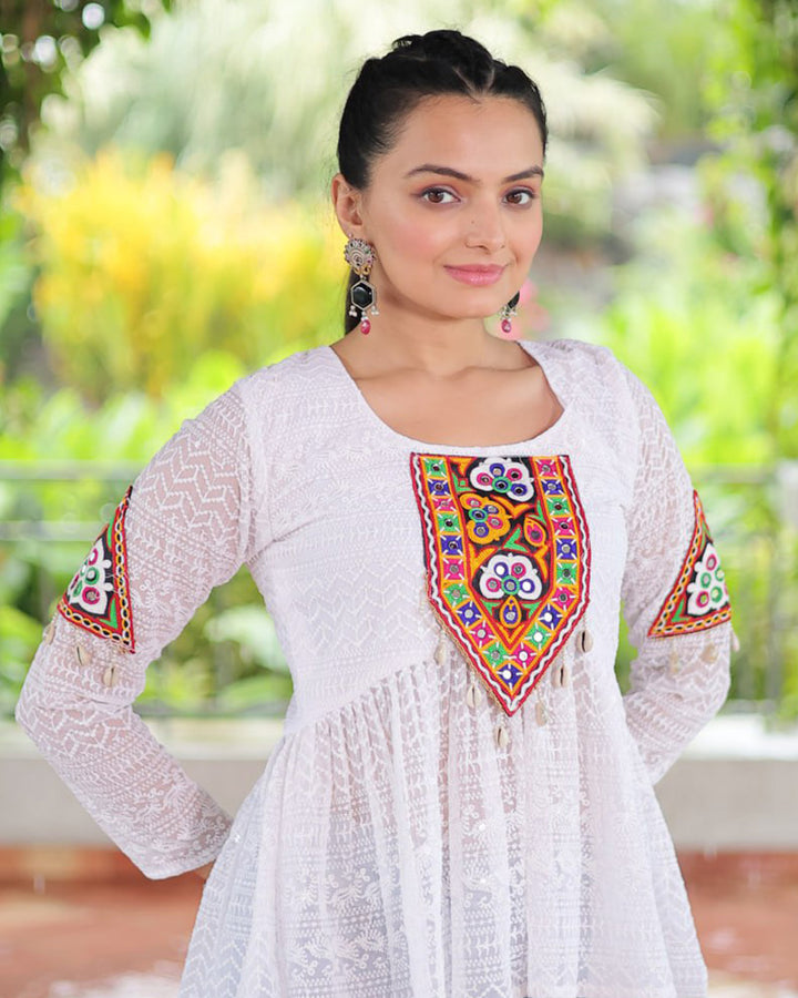 White Color Georgette Lucknowi Work Navratri Kediya