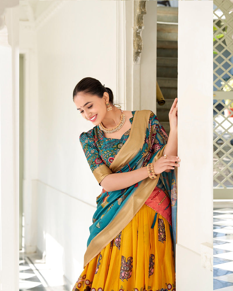 Yellow Color Dola Silk Designer Kalamkari Print Half Saree