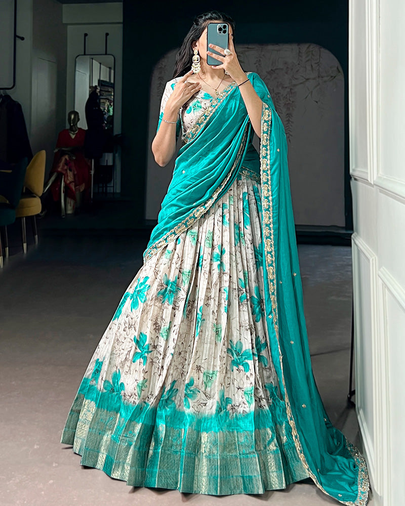 Teal Green Color Dola Chex Floral Printed Half Saree