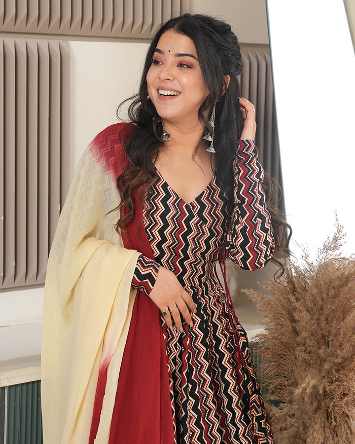 Designer Black Color Cotton Laheriya Printed Anarkali Suit