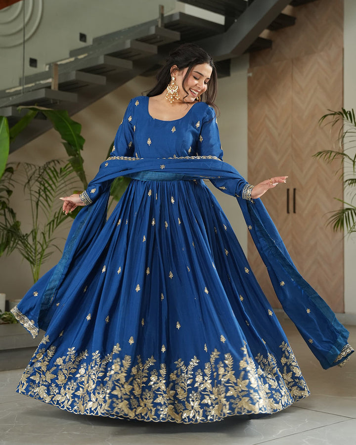 Beautiful Rama Color Chinnon Gown With Embroidered Dupatta