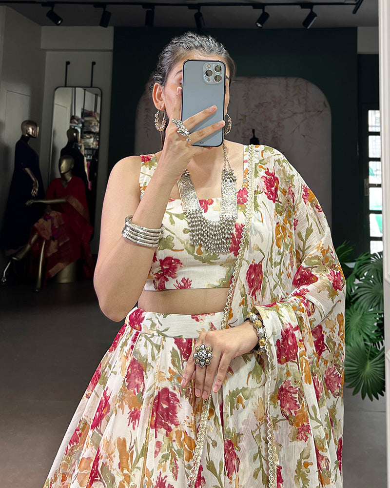 White Color Chiffon Floral And Foil Printed Lehenga Choli