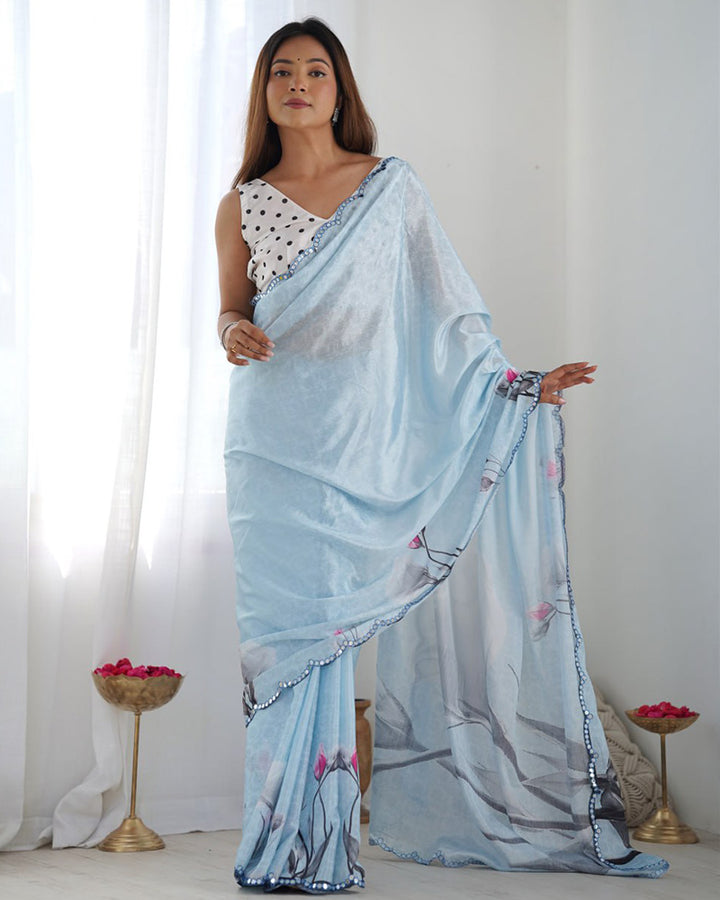 Ocean Color Chinnon Silk Printed Saree