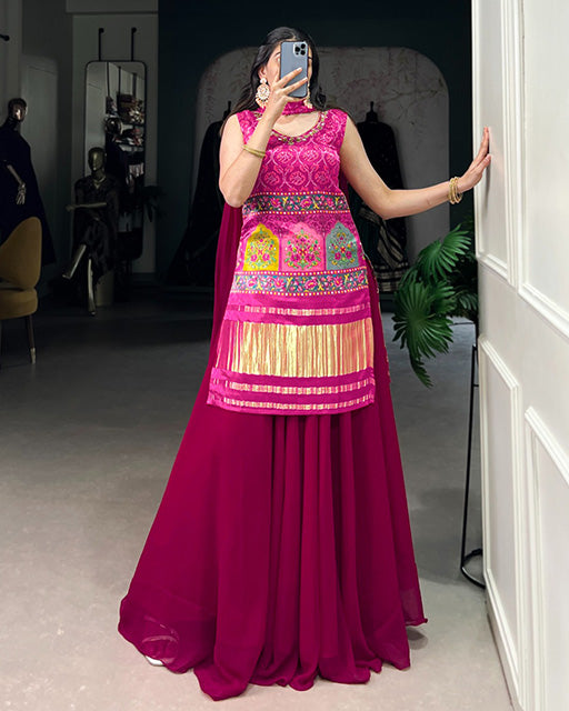 Designer Pink Color Gaji Silk Three Piece Plazzo Suit