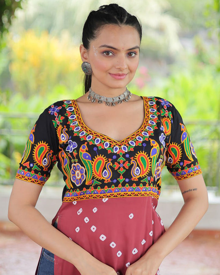 Navratri Special Maroon Black Color Rayon Kutchi Work Kurti