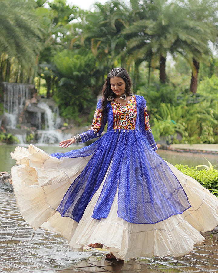 Blue Color Kurti With Off-White Kora Cotton Lehenga