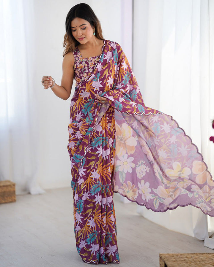 Wine Color Chinnon Silk Mirror Work Saree