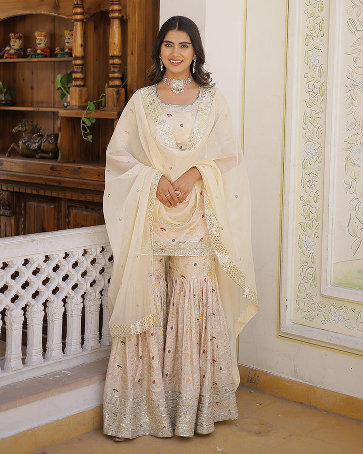 Off-White Color Viscose Jacquard Embroidered Gharara Suit