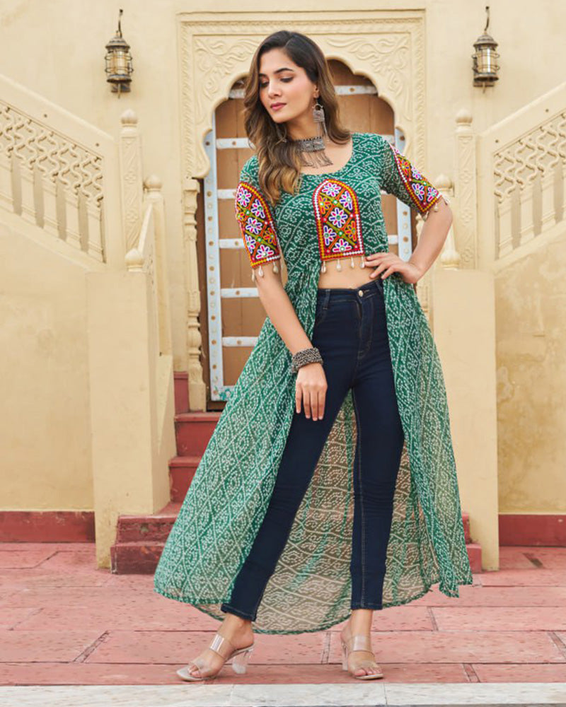 Green Festival Wear Faux Georgette Kutchi Work Kurti