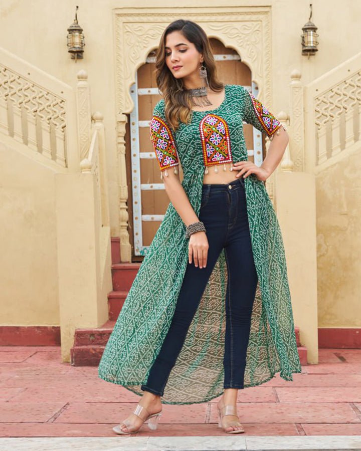 Green Festival Wear Faux Georgette Kutchi Work Kurti