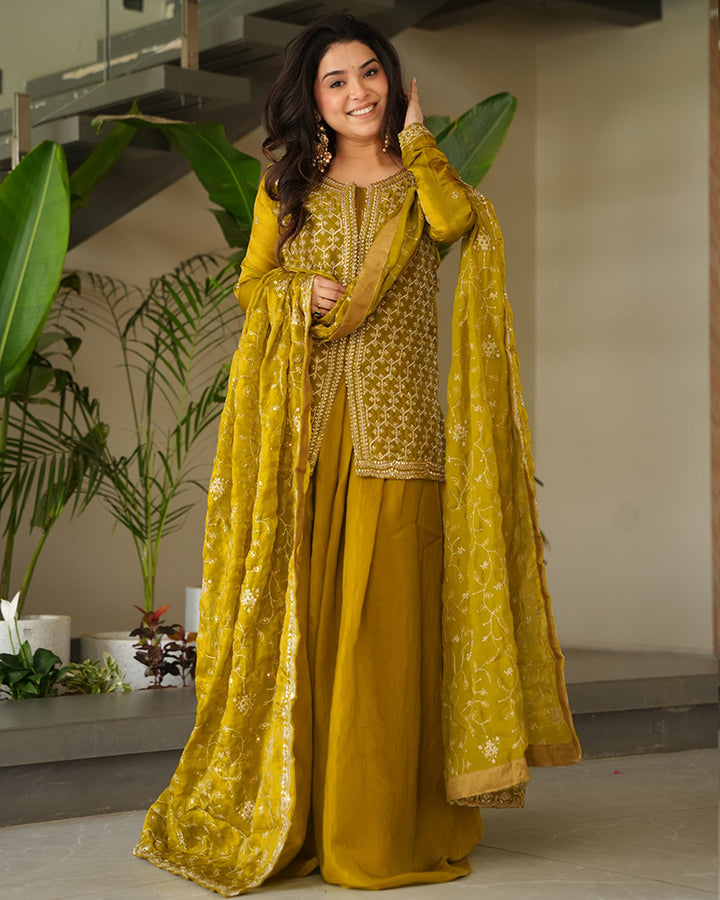 Elegant Mustard Embroidered Sharara Set with Dupatta