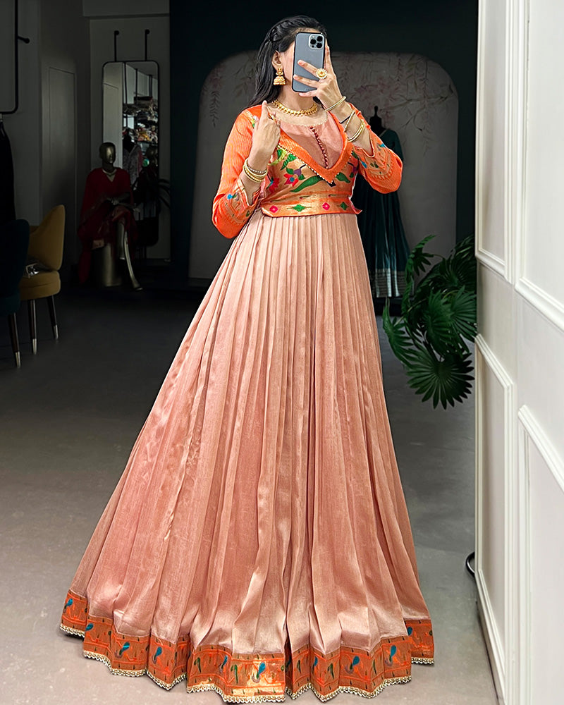 Peach Color Vichitra Silk Zari Weaving Gown