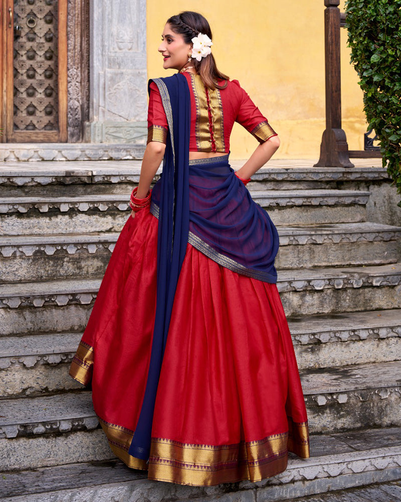 Designer Red Color Poly Cotton Half Saree