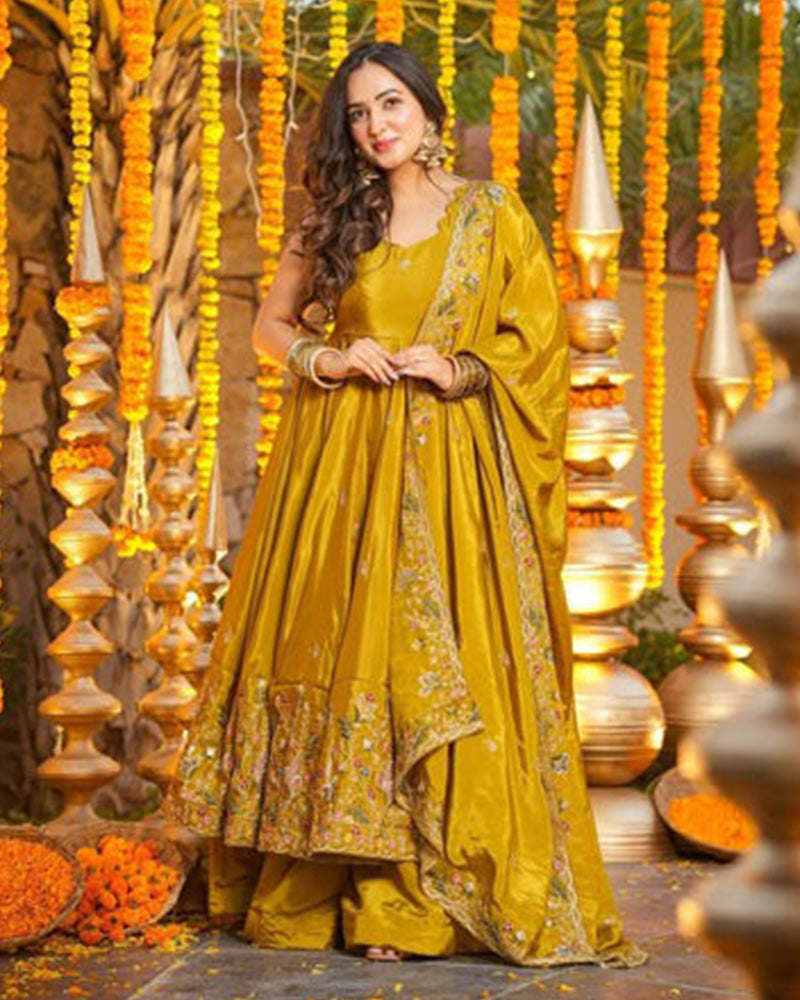 Mustard Color Crunchy Silk Embroidered Sharara Suit