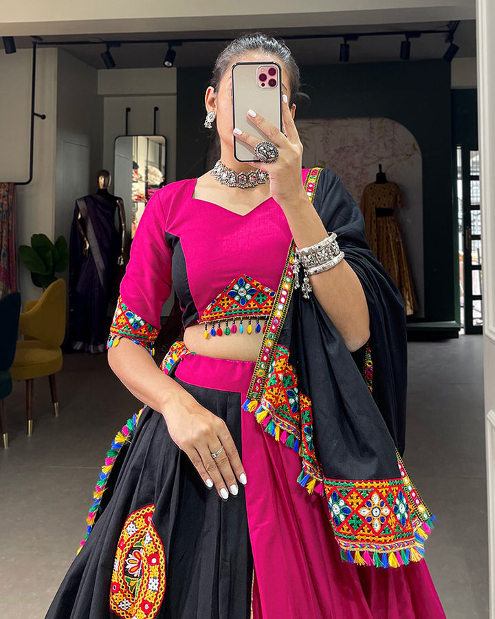 Pink And Black Color Cotton Navratri Lehenga Choli