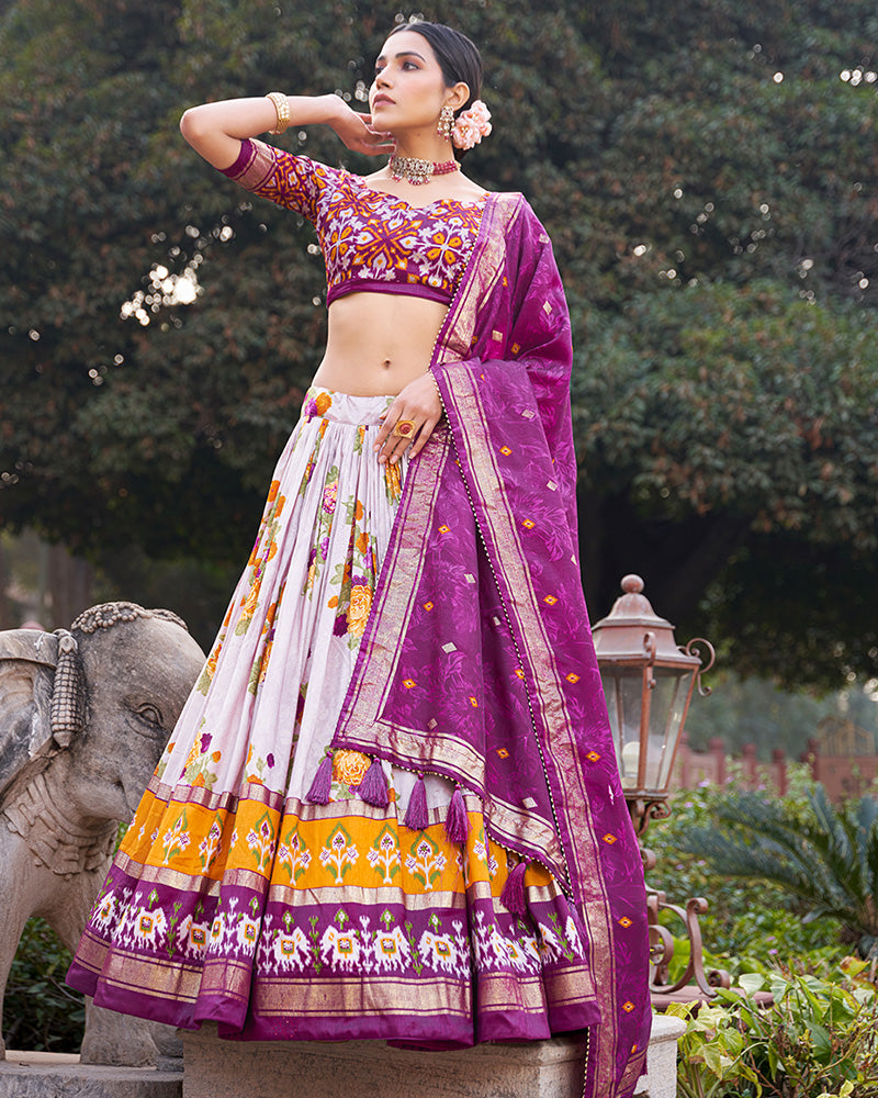 Wine Color Tussar Silk Floral And Patola Print Lehenga Choli