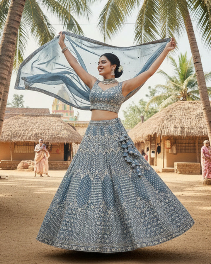 Wedding Wear Sky Blue Color Georgette Embroidered Lehenga Choli