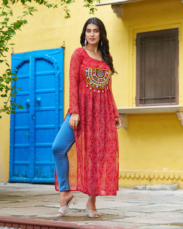 Elegant Red Georgette Bandhani Print Kurti