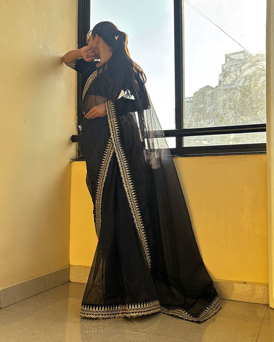 Black Color Soft Twil Net Embroidered Saree